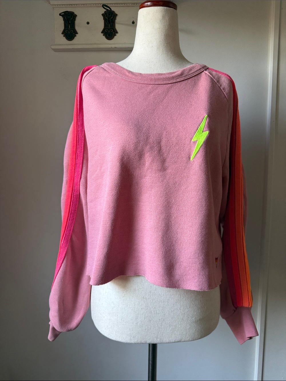Aviator Nation Pink Crop Crewneck Sweatshirt with Neon Bolt and Stripe Sleeves
